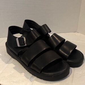 Vintage Y2K Black Leather Strappy Sandals with Silver Buckles 90s Made in Brazil